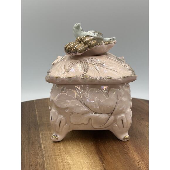 Vintage Ceramic Trinket Box Bird Lid Powder Pink Iridescent Glaze Lead Motif - Picture 6 of 13
